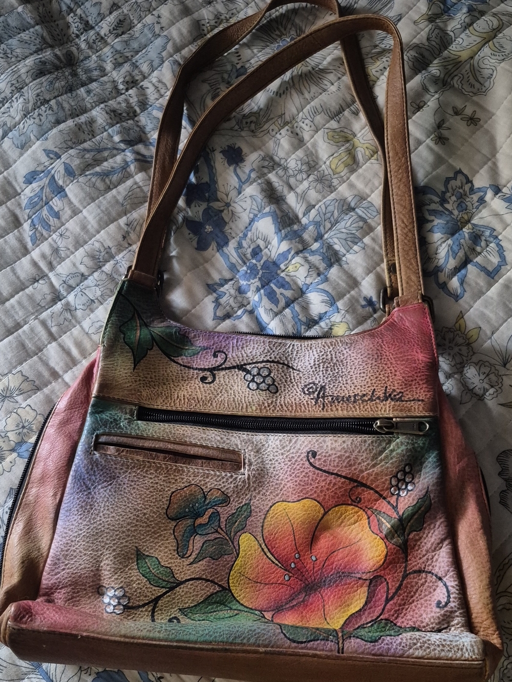 Anuschka Hand-Painted Floral Leather Shoulder Bag - Pink, Yellow, Green, Brown
